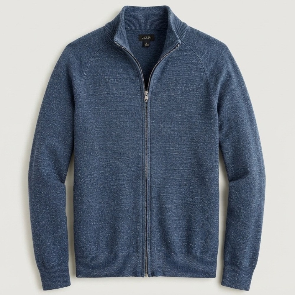 J.Crew Full Zip Cardigan Mens Medium Blue Marl Cotton Mock Neck Sweater